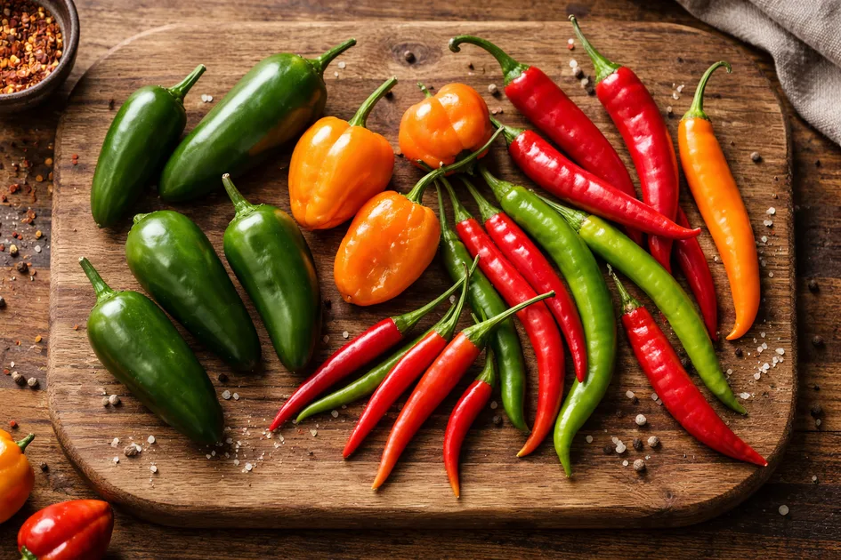Verschiedene Chili-Sorten in unterschiedlichen Farben