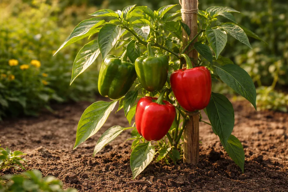 Paprikapflanze mit grünen und roten Früchten im Beet