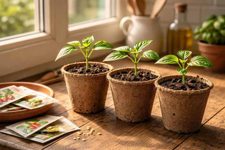 Paprika-Keimlinge in Anzuchttöpfen auf der Fensterbank